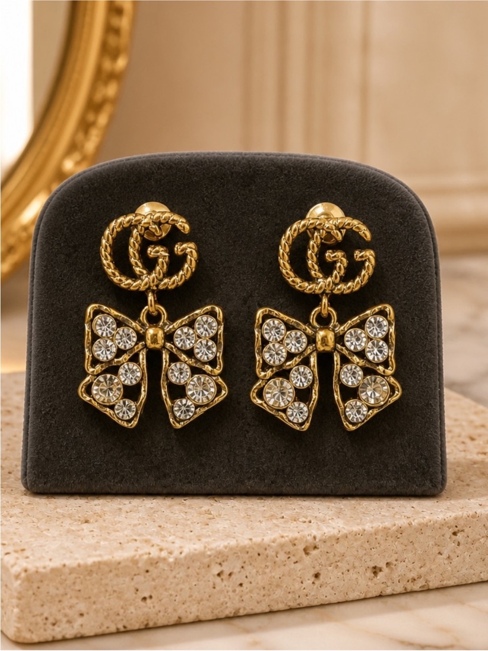 Gucci Gold-Tone Crystal Bow Drop Earrings